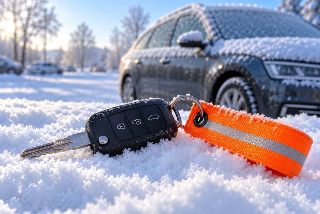 Kluczyk samochodowy z pomarańczowym odblaskowym brelokiem w śniegu, w tle oszronione auto